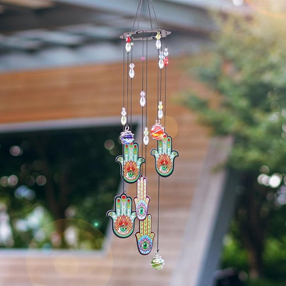 HAMSA Hand Symbol Hanging Beaded Metal Windchime Sun Wind Chime NEW - Picture 5 of 9